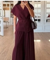 Elegant wine red two-piece set featuring V-neck wrap top and high-waist wide-leg pants - XS / Red Zirconia Set