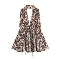 Floral print halter neck jumpsuit with deep V-neck and waist tie in cream and orange - S / Tops