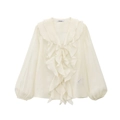 Elegante witte chiffon blouse met gelaagde ruches en lange mouwen met V-hals - XS / Wit