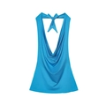 Lake blue halter neck top with deep V cowl neckline and silky fabric back tie bow - XS / Blue Top