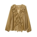 Gouden zijden chiffon blouse voor dames met gelaagde ruches en een elegante V-hals - XS / Bruin