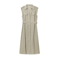 Sleeveless linen midi dress in bean green with button-down collar and chest pockets - XS / Khaki