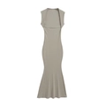 Elegant sleeveless ribbed knit maxi dress in sage green with a square neckline and fishtail hem - S / Beige Grey