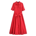 Klassieke rode poplin overhemdjurk met korte mouwen, reverskraag en strikceintuur - XS / Rood