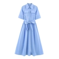 Light blue short sleeve shirt dress with lapel collar, flap pockets and waist tie belt - Blue
