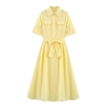 Lichtgele popeline overhemdjurk met korte mouwen, reverskraag en tailleband strik - XS / Geel