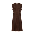 Dark brown sleeveless linen midi dress with button-down front and waist buckles - XS / Brown