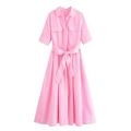 Roze poplin overhemdjurk met korte mouwen, strikceintuur en klepzakken vooraan - XS / Roze