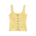 Slim fit pale yellow knitted vest top with decorative silver textured buttons for women - S / Yellow
