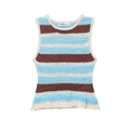 Women's crewneck striped knit vest in blue, white, and brown with sleeveless design - S / Blue White Brown Striped