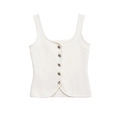 White sleeveless knit vest for women with silver metallic buttons and asymmetric hem design - S / White