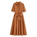 Elegant caramel short sleeve poplin shirt dress with waist tie and front pockets - Brown