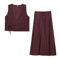 Women's 2-piece deep burgundy vest and maxi skirt set with textured wrinkle effect - XS / Top And Bottom / Burgundy