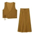 Two-piece ginger yellow pleated set with V-neck vest and drawstring maxi skirt - XS / Top And Bottom / Yellow