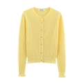 Bright yellow cable knit cardigan with ruffle trim and button front for women - S / Yellow