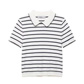 Short sleeve white striped polo knit top with delicate black scalloped edge trim for women - S / White