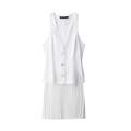 Ärmelloses weißes Mini-Kleid mit V-Ausschnitt, Goldknöpfen und Faltenrock für den Frühling - XS / Weiß