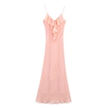 Vestido midi elegante de satén rosa claro con escote de volantes en capas y tirantes finos - XS / Melocotón