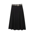 Linen-blend black A-line midi skirt with stylish black and white woven belt detail - XS / Black