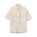 Camicia panna a maniche corte con ricamo floreale e bordi a conchiglia da donna - XS / Bianco Crema (Camicia)