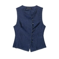 Detail of dark blue linen vest featuring vintage texture and diagonal silver metal buttons - Tops