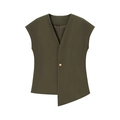 Detailed close-up of olive green vest featuring a gold button and asymmetrical hemline - S / Tops / Olive Green