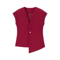 Detailed close-up of wine red sleeveless suit vest with a single gold button and V-neckline - S / Tops / Burgundy