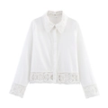 Detailed view of white cotton shirt featuring intricate crochet lace hems and cuff trim - XS / Long Sleeve Top / White