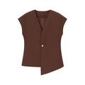 Detailed close-up of dark brown sleeveless vest featuring asymmetrical hem and gold button - S / Tops / Dark Brown