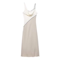 Elegant patchwork midi dress with asymmetrical cowl neck and contrasting black detail - XS / Color Block