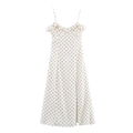 Polka-Dot Spaghetti-Midi-Kleid mit Rüschen-Ausschnitt und Seitenschlitz in Weiß-Braun - XS / Gebrochenes Weiß