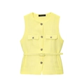 Elegante gilet in tweed giallo chiaro senza maniche con cintura e bottoni - XS / Giallo