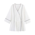 Women's white V-neck wrap top with black contrast piping and waist tie for summer 2025 - S / Tops / White
