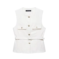 Elegante gilet in tweed bianco da donna con bottoni dorati e cintura abbinata in vita - XS / Bianco Sporco