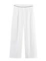 Detail view of high-waist white wide-leg trousers with elegant black piping and single button - S / Pants / White