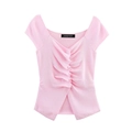 Pink slim fit knit top with ruffled layers and button details for women 2025 spring - S / Pink