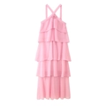 Pink tiered chiffon halter dress with 3D floral accents and elegant ruffles - Pink