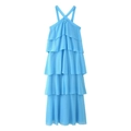 Sky blue tiered chiffon maxi dress featuring a halter neck and 3D floral accent - Blue
