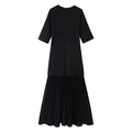 Minimalist black knit dress with short sleeves and pleated skirt hemline detail - Black