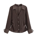 Blusa plisada de gasa marrón oscuro con manga larga, cuello en V y puños con lazo - XS / Marrón Oscuro