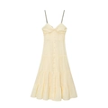 Vestido midi de rayas amarillo claro con cuello en V, falda escalonada y botones - XS / Rayas Amarillas Claras