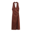 Rust-brown midi dress with halter neck, deep V-neck and golden metal ring side detail - XS / Brown