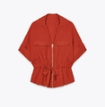 Vintage brick red short sleeve shirt with v-neck zipper and drawstring waist - Red Top