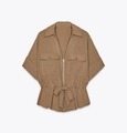 Women's brown linen-texture zip-up top with drawstring waist and flap pockets - Khaki Jacket
