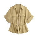 Women's khaki short sleeve utility shirt with waist drawstring and metallic zipper - Yellow Top