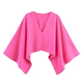 Top corto rosa fucsia da donna con scollo a V profondo e ampie maniche a pipistrello - XS / Top Rosa Acceso