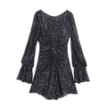 Schickes schwarzes Langarm-Minikleid mit Polka Dots, Rüschenmanschetten und Raffungen - XS / Schwarzer Polka Dot