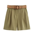 Detail of high-waist olive green Bermuda shorts with a straw belt and wooden buckle - Army Green
