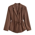 Women's deep brown striped blazer with lapel collar and adjustable waist tie belt - Brown Top