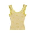 Pale yellow sleeveless knit camisole top with ribbon bows and delicate eyelet lace trim - S / Yellow
